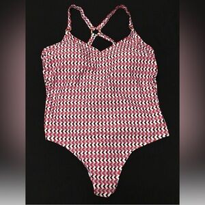 Kona Sol Womens Size 17 Red Blue Ring Tie Back One-Piece Swimsuit